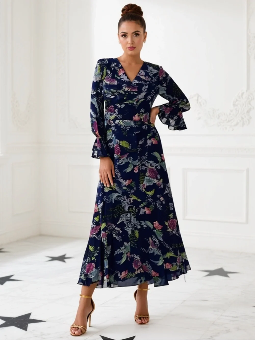 NWT Mikael Aghal Maxi Dress Blue Floral Size 0